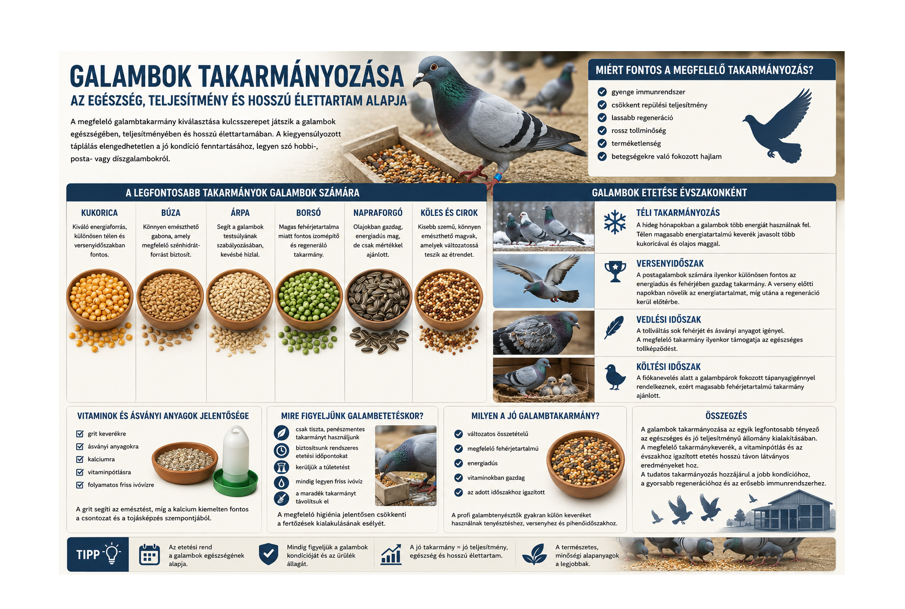 Galambok takarmányozása – teljes útmutató az egészséges és erős állományért